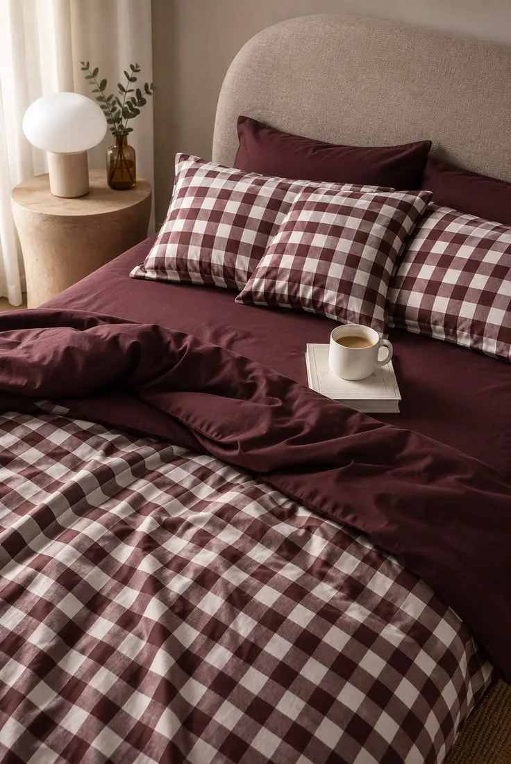 Parure vichy bordeaux et blanc avec draps bordeaux unis
